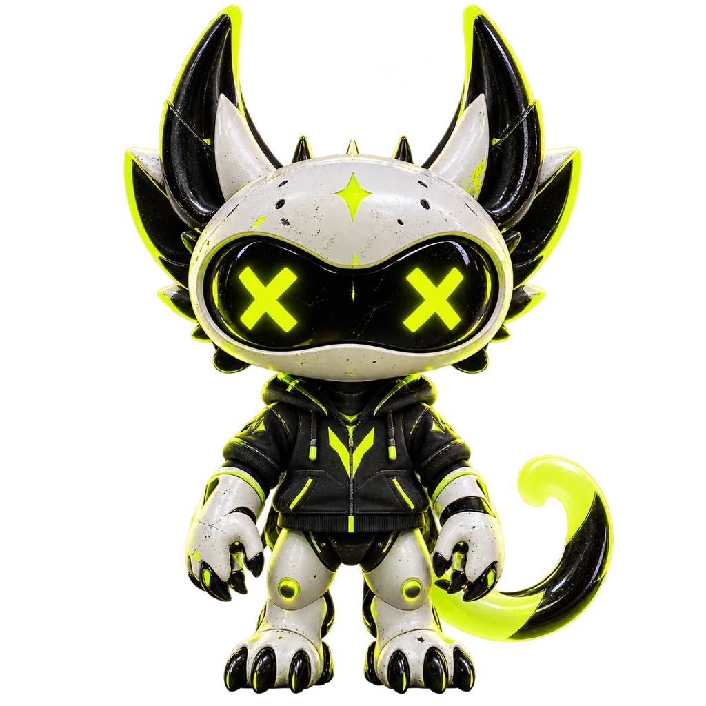 VORQINU, the white-armored horned AI creature with glowing lime eyes